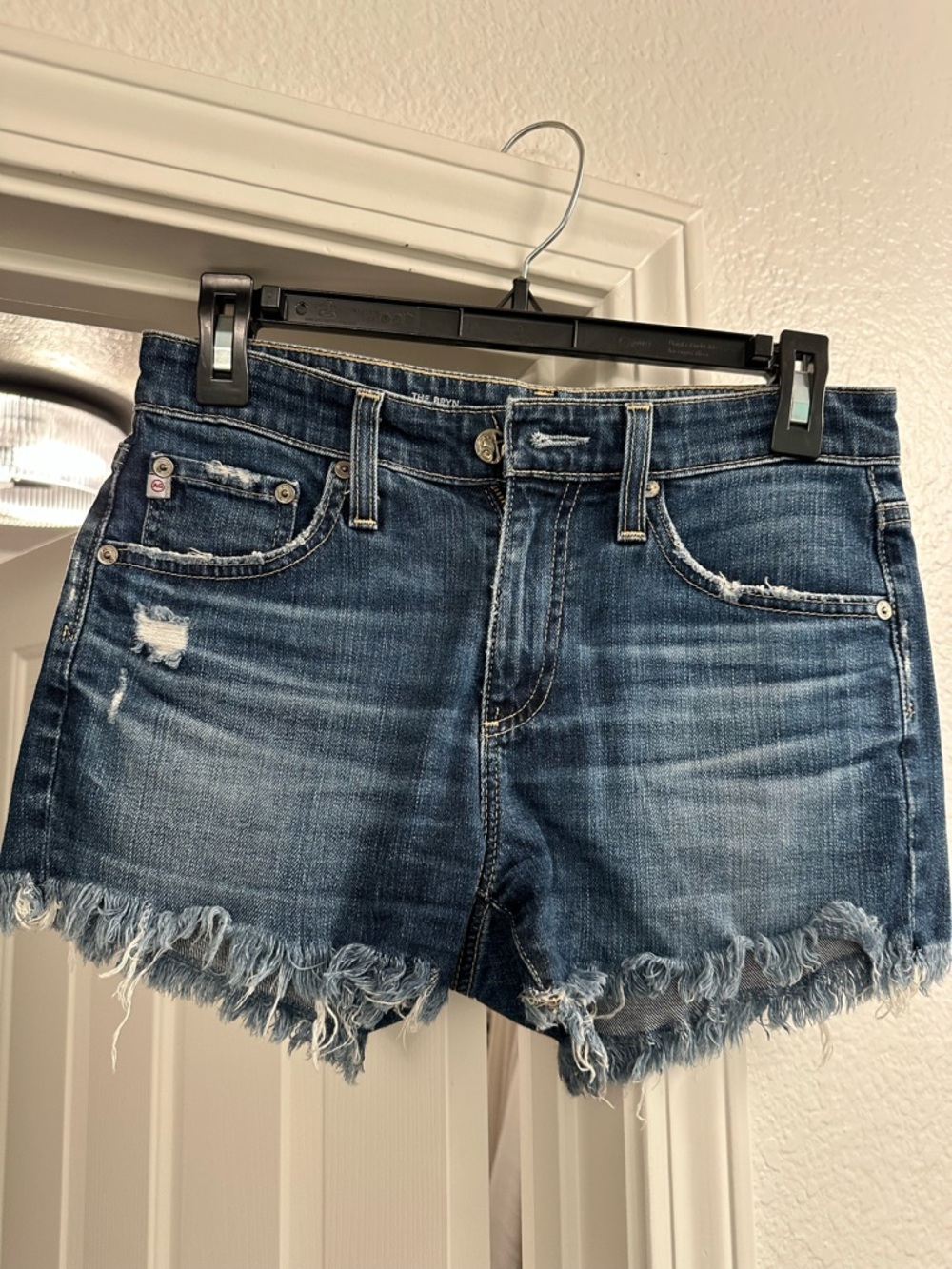 AG Adriano Goldschmied Frayed Hem Distressed Denim Shorts - Blue